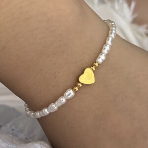 Freshwater Pearl Bracelet Beaded with Stainless Steel Heart Charm Pearl Bracelet